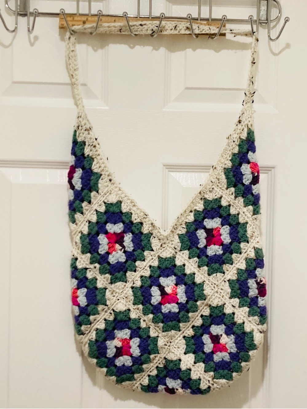 Handmade Crochet Granny Square Boho Shoulder Bag in Cream, Green & Blue - Picture 3 of 8